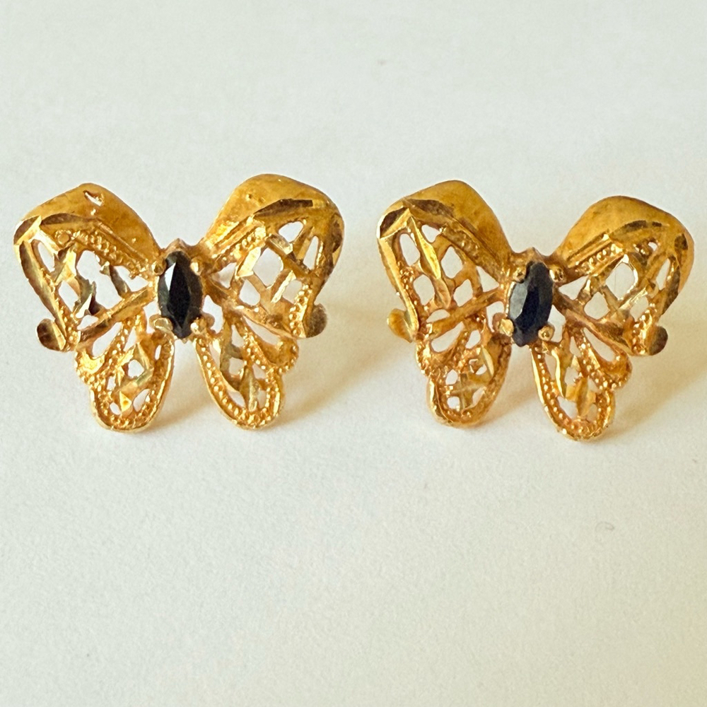 10K Solid Gold Sapphire Butterfly Open Work Filigree Stud Earrings